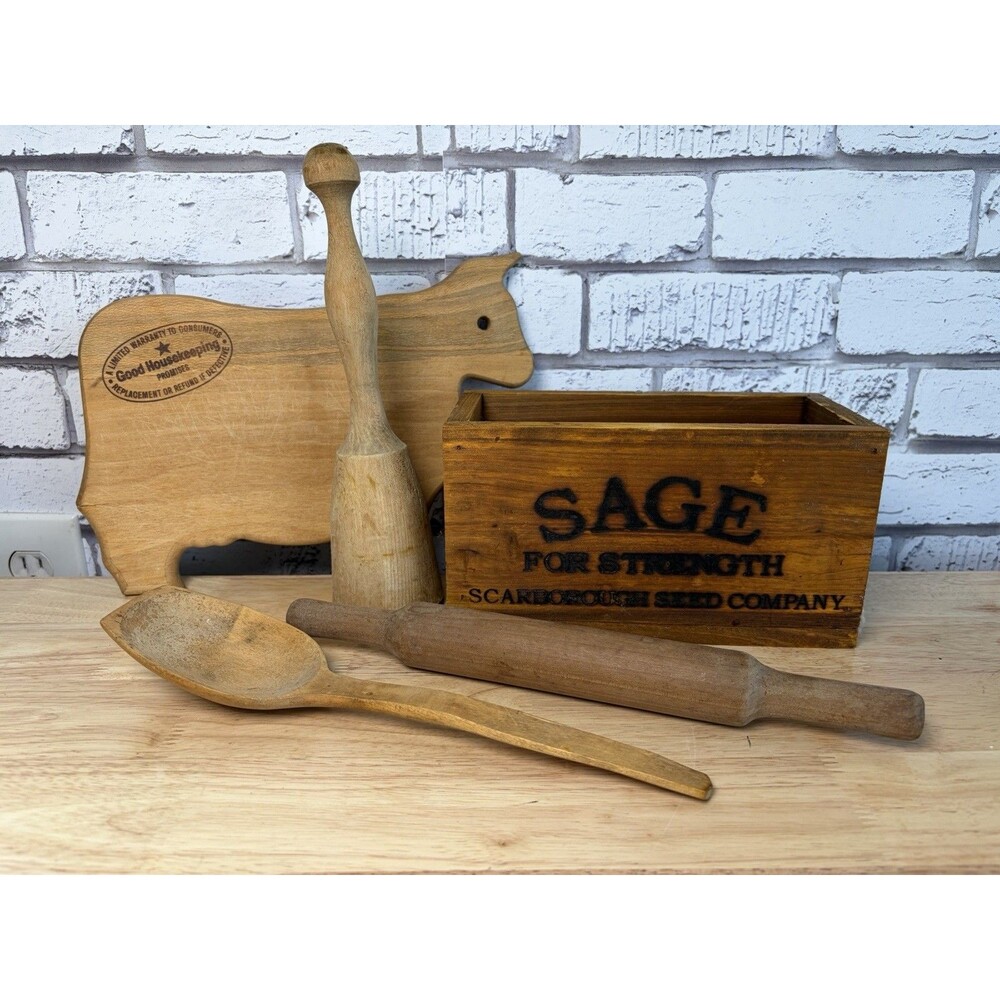 Vintage WoodKitchen Utencil Lot Cow Cutting Board Masher Spoon Rolling Pin Box +